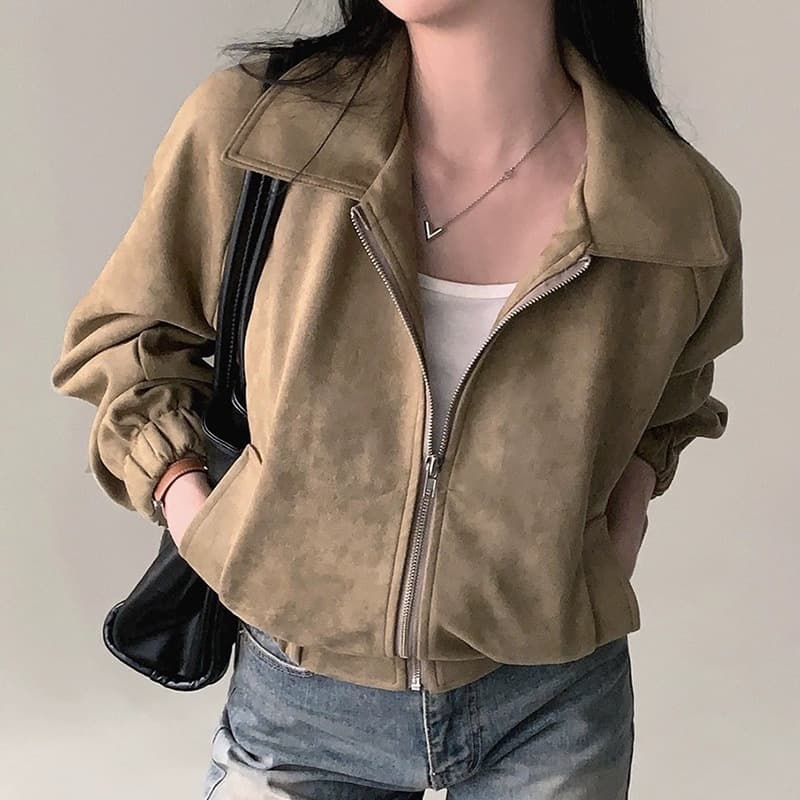 Korean Chic Autumn French Retro Stand Collar Zipper Suede Feel Loose Versatile Short Jacket Coat Women