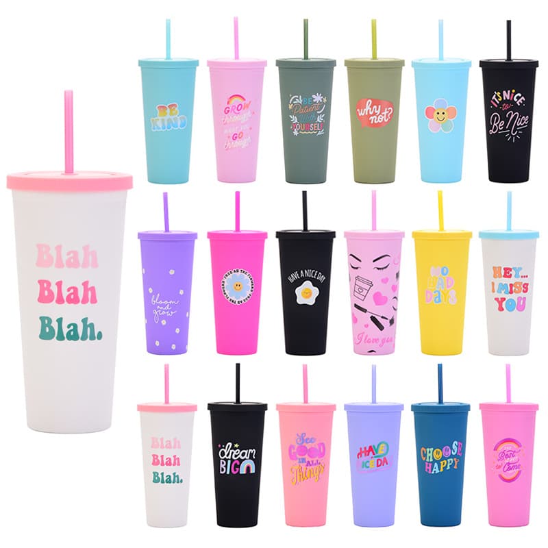 Creative Fashion Pattern Plastic Straw Cup Customizable Logo Summer Portable Double Layered Eco-friendly Modern Simple Design