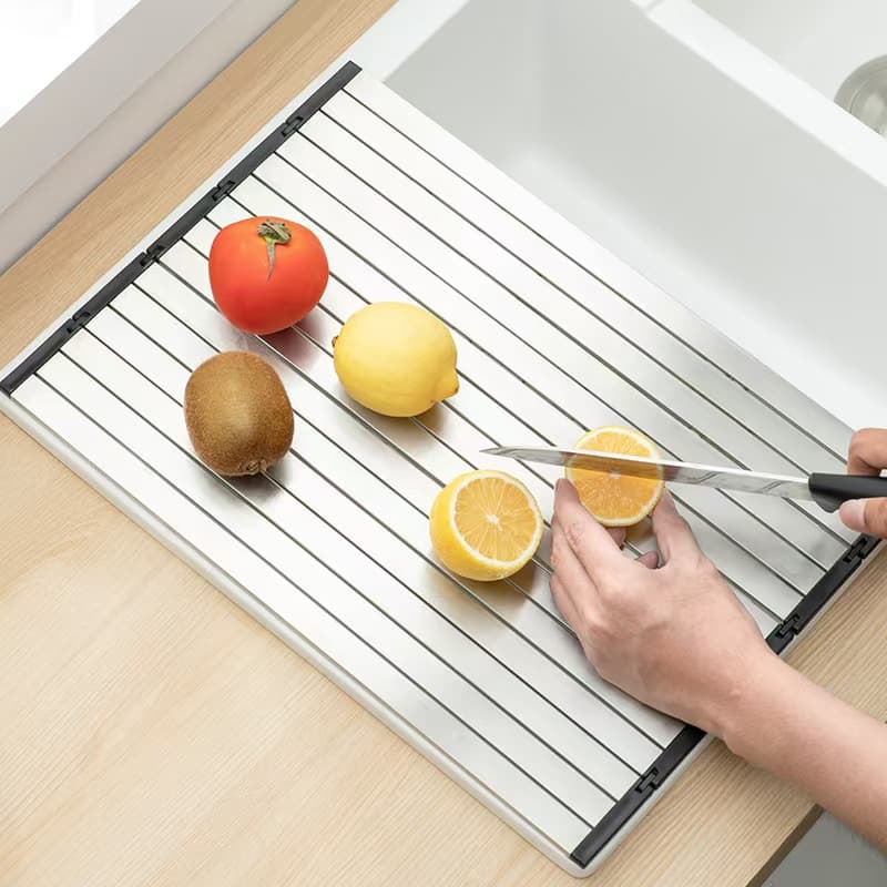 Foldable Cutting Board, Antibacterial Household Thawing Defrosting 304 Stainless Steel Chopping Board with Storage and Drainage Bowl Holder