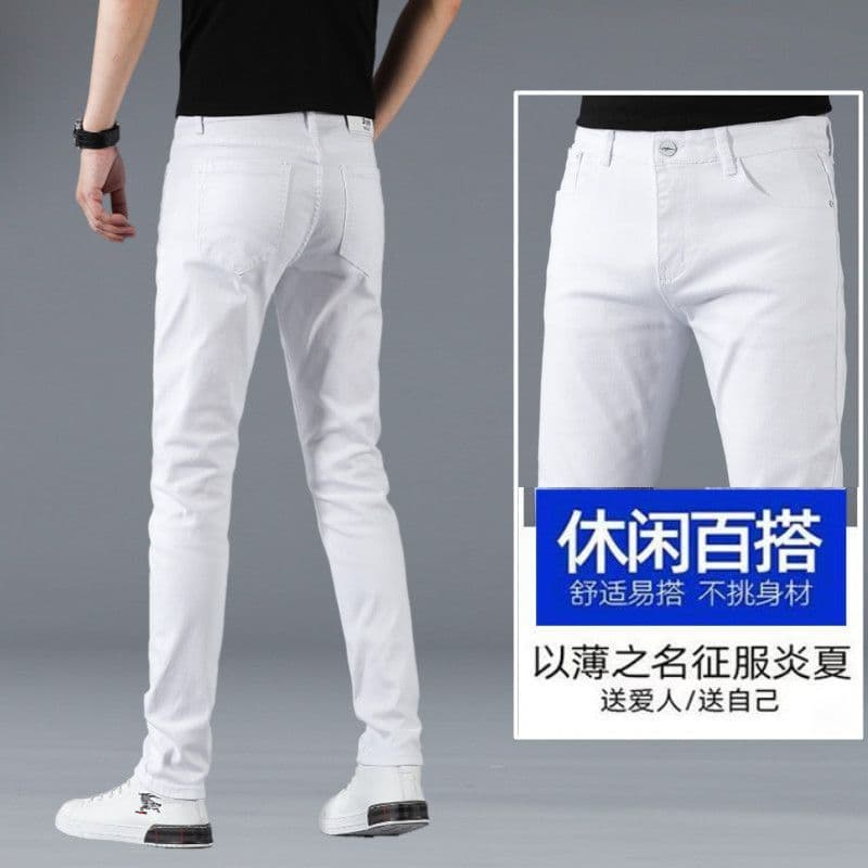 Men's White Jeans Summer Thin Stretch Slim Fit Tapered Leg Casual Pants Korean Style