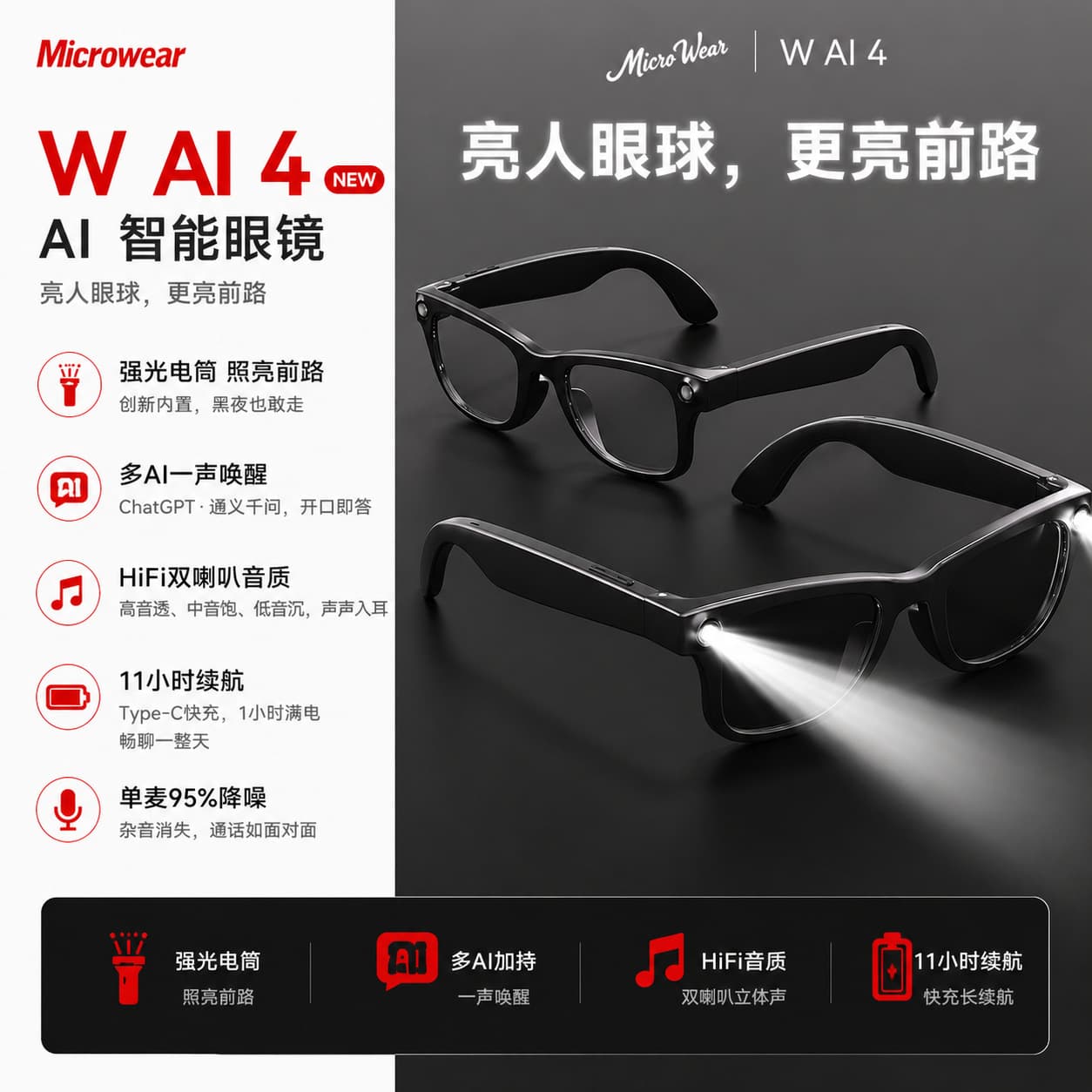[Strong Light Flashlight] Smart Glasses Original Factory Direct Translation Bluetooth Call Translation Listening Song Large Model Cross-border Sales