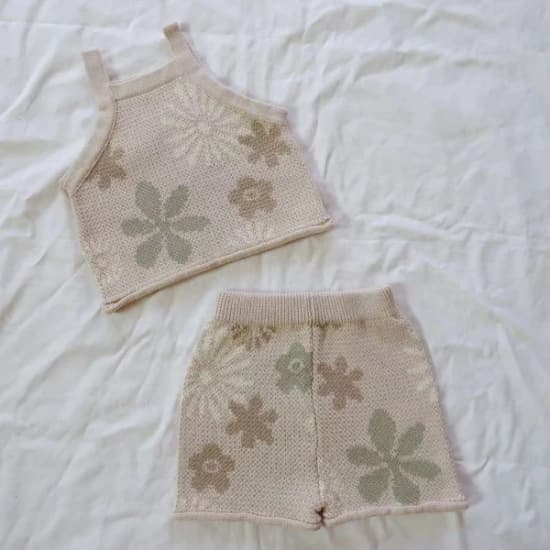 Ins Korean Style Baby Girl Pure Cotton Floral Vest Top Shorts Sweater Set Newborn Sweater Two-Piece Set