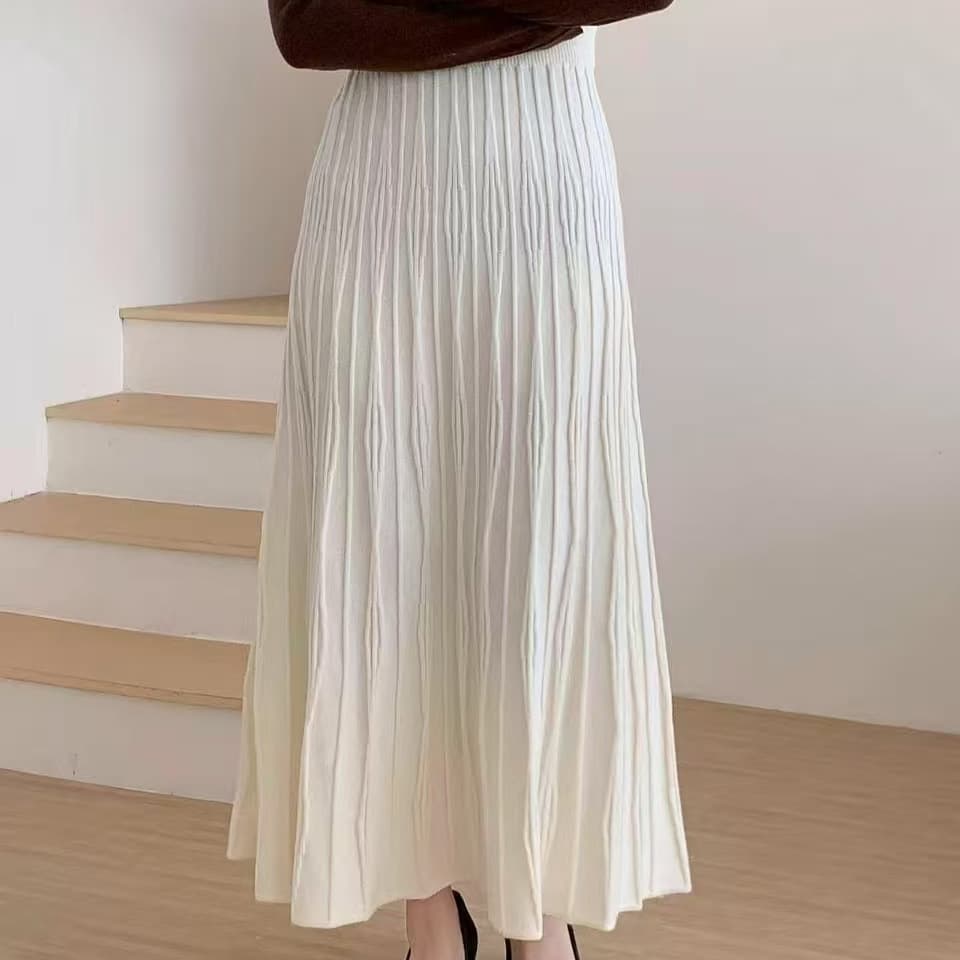 White Knitted Skirt for Women, Early Spring New Style, Petite High-Waist A-Line Pleated Skirt, Soft Draping Mid-Length Skirt