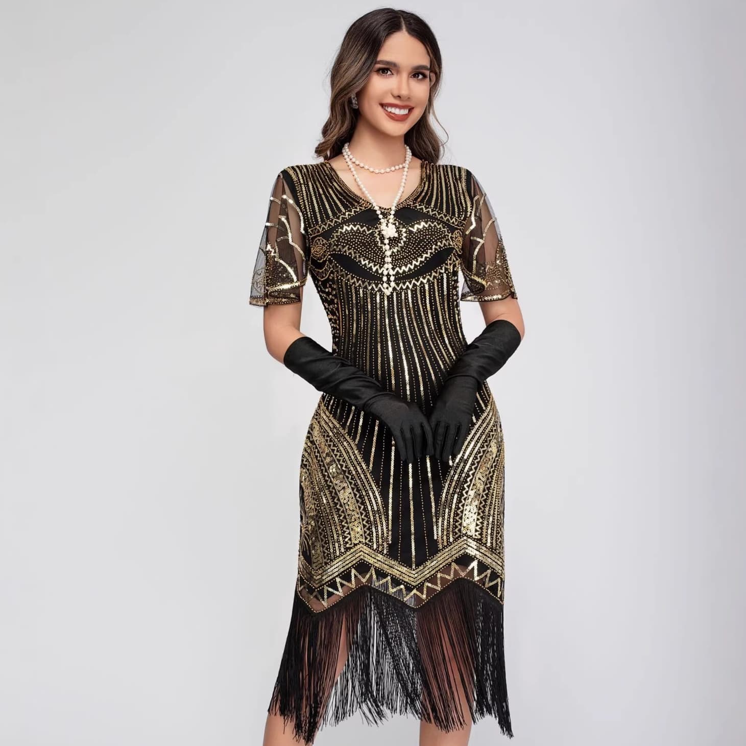Flapper Dress 1920s Retro Gatsby Party Sequin Beaded Short Sleeve Evening Dress Amazon Cross-Border