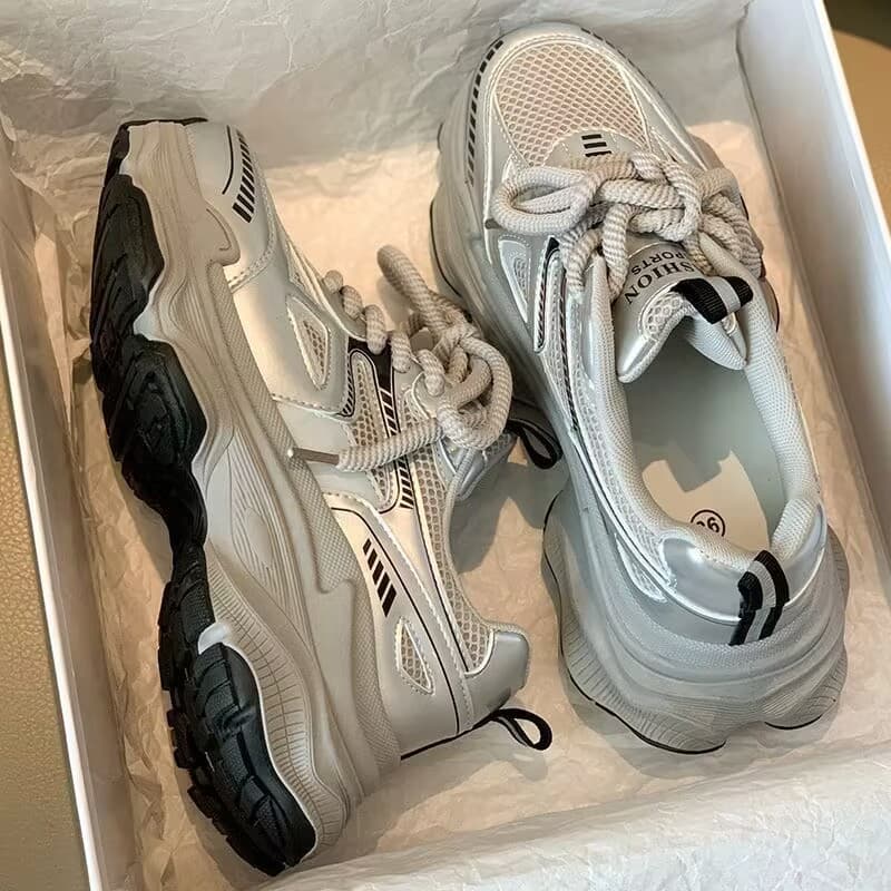 Dad Sneakers Women 2025 New Trendy Spring Summer Silver Shoes Versatile Chunky Thick Sole Heightening Casual Athletic Shoes