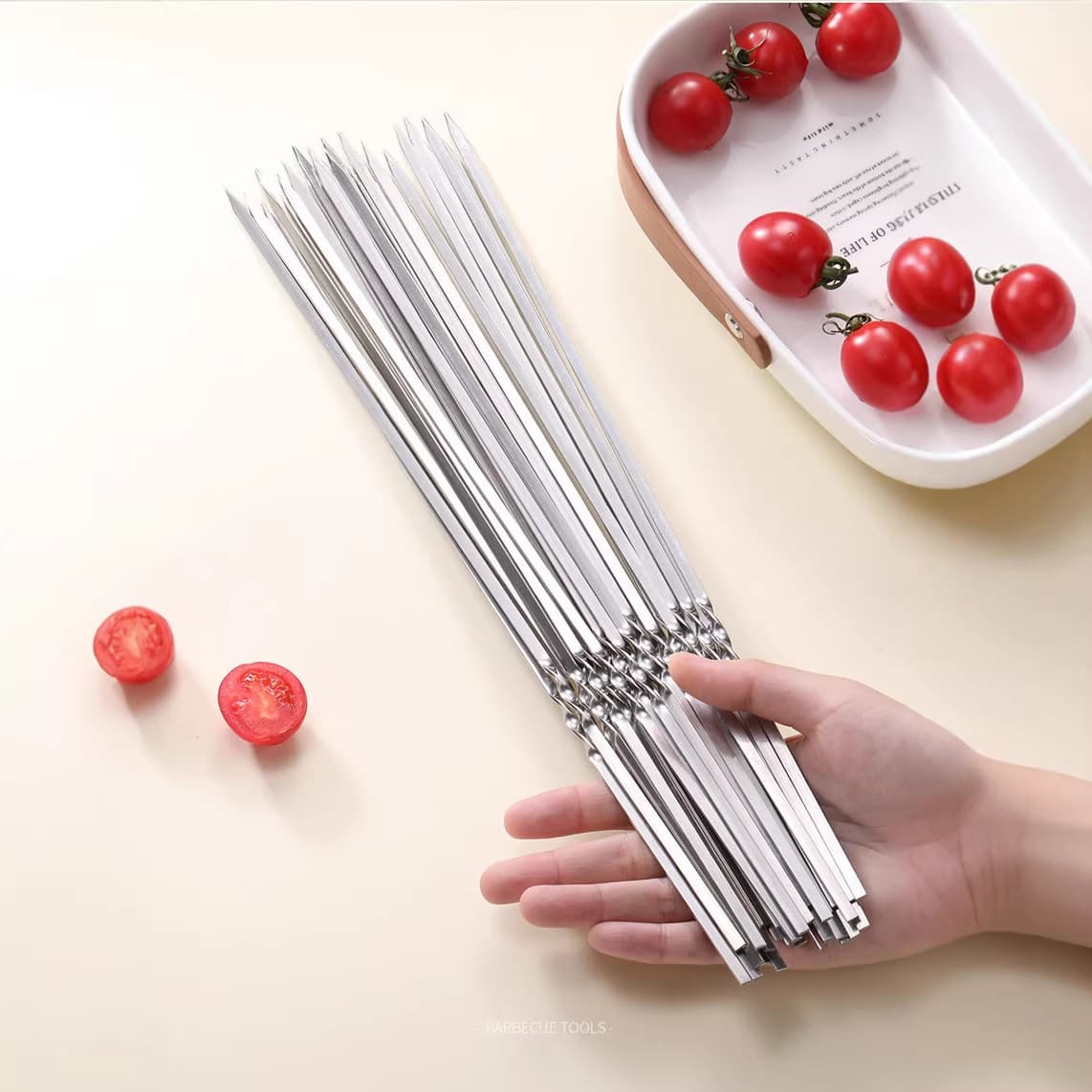 Wholesale BBQ Skewers Stainless Steel Round Skewers Wooden Handle Skewers Flat Skewers Thickened Kebab Skewers Outdoor BBQ Tools