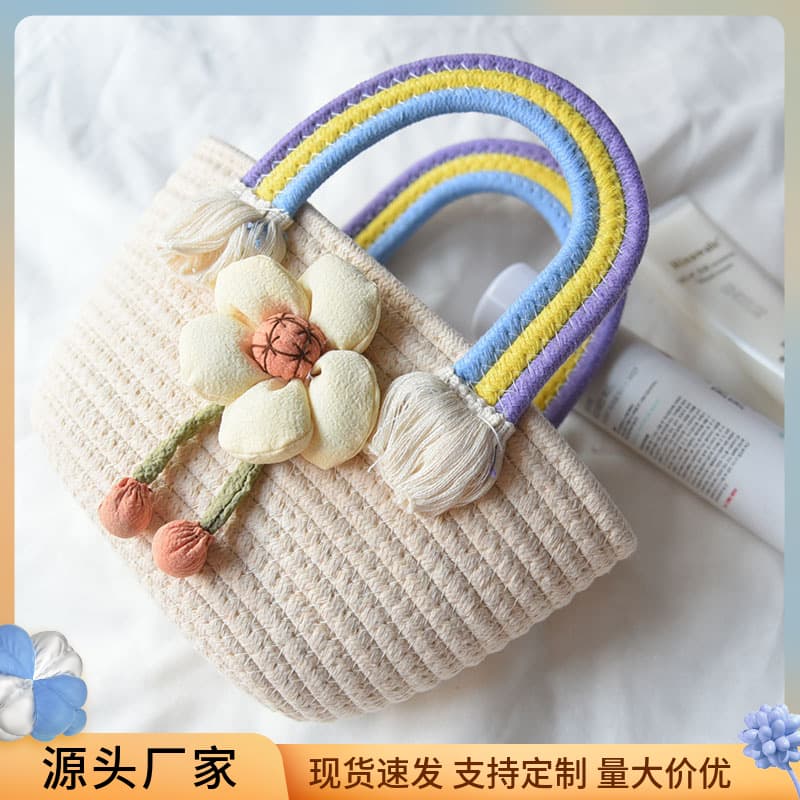 Trendy Korean Cotton Rope Handheld Bag Fresh Floral Grass Weaving Small Rainbow Handle Bag Daily Match Soft Round Cylinder Shape