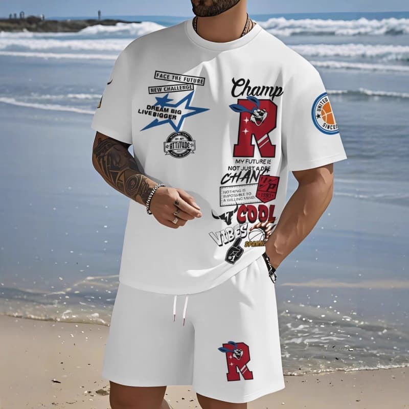 Summer New American Street Style Men's Personalized Letter Print Round Neck T-Shirt and Shorts Set Outdoor High Street Clothing