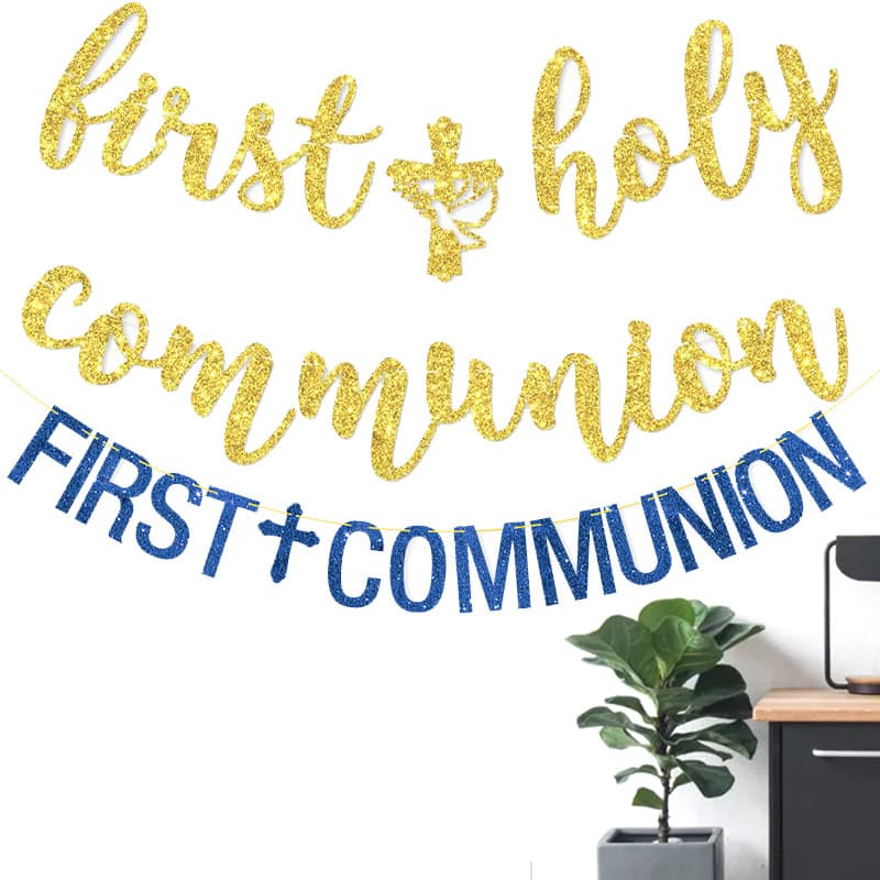 Baby Shower Cake Topper FIRST+COMMUNION Glitter Banner Dove MON BAPTEME Pull String