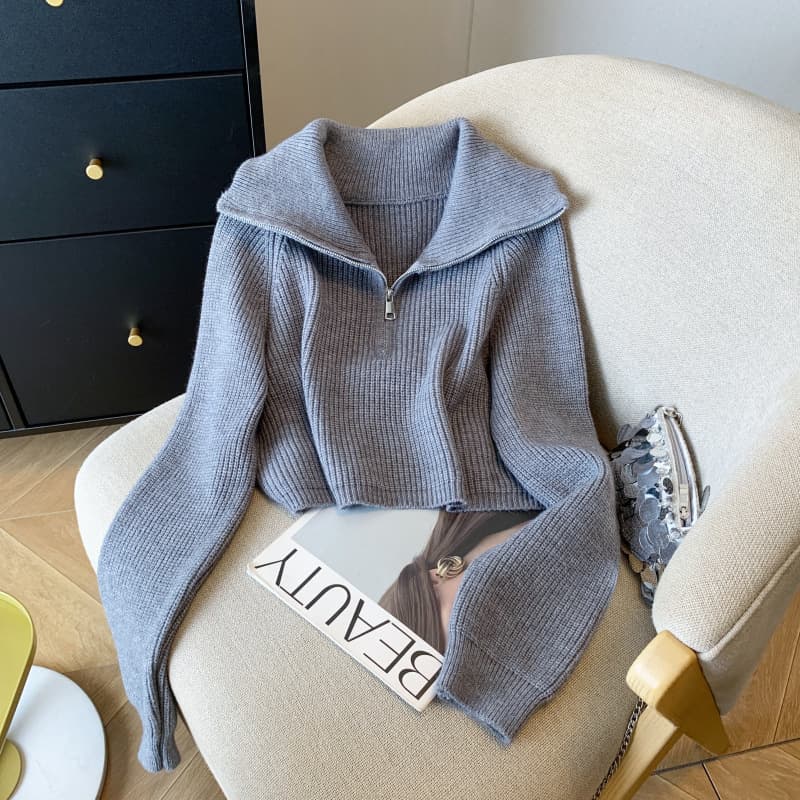 In Stock Real Shot Korean Style Zipper Short Knitwear Women Loose Fit Casual Turn-down Collar Sweater Jacket Top