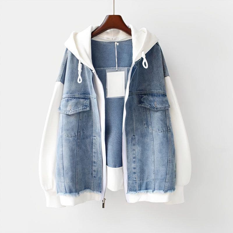 Plus Size 300 Jin Fake Two-Piece Denim Jacket Women's Clothing Slimming Fat MM Spring Autumn Shirt Hoodie Baseball Jacket Top Ins