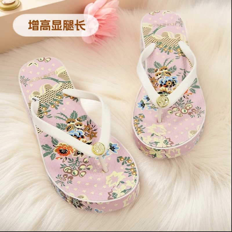 Cross-Border Chinese Style Flip-Flops for Women, Summer 2024, Retro Print, Thick-Soled Wedge Heel, Height-Increasing Sandals, Factory Wholesale