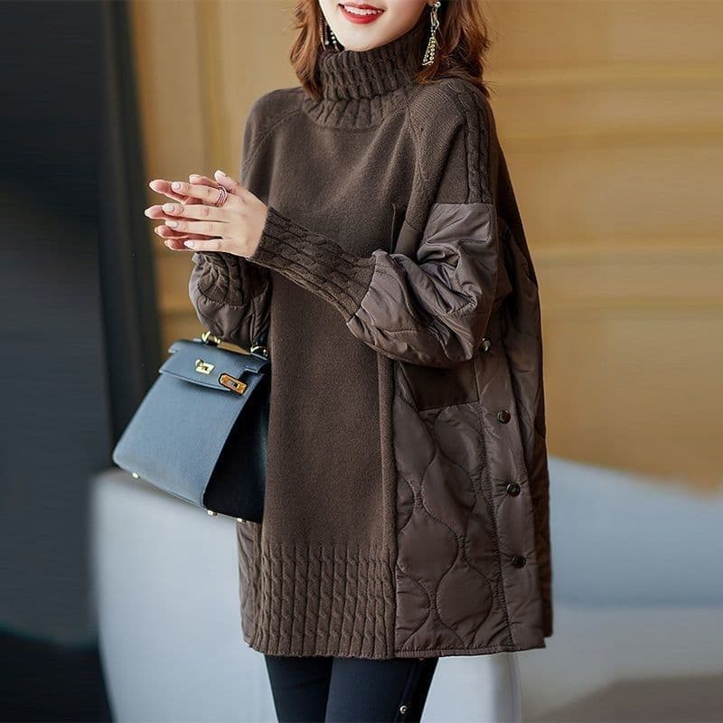 2025 Autumn/Winter Thickened Women's Sweater New Loose Outerwear Lazy Style Mid-Length Patchwork Quilted Top Trendy