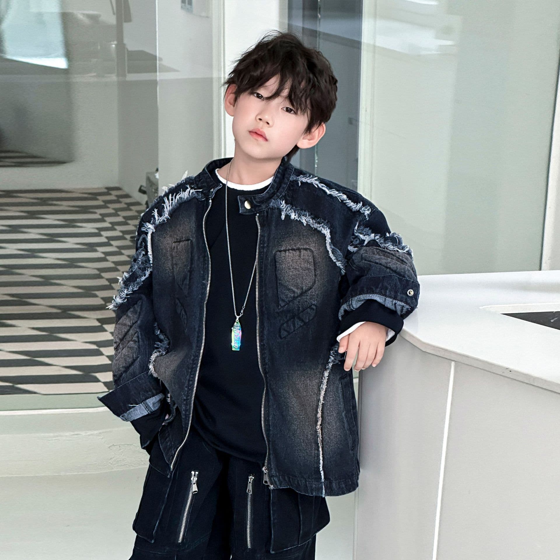 Boys' Open-Front Frayed Denim Jacket 2025 Spring/Autumn New Arrival Kids' European-American High-Street Loose Denim Jacket Trendy