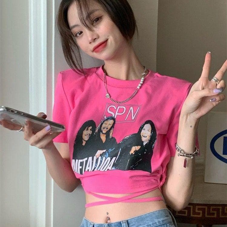 Women's American High-Waist Cropped Short-Sleeve T-Shirt for Skirt Outfits, Summer Vintage Style