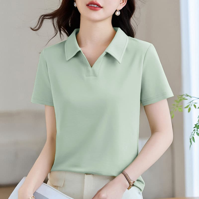 Ladies Collared Solid Color Short Sleeve T-Shirt Summer New Style Slimming Women's Half Sleeve Shirt Polyester Fiber Top