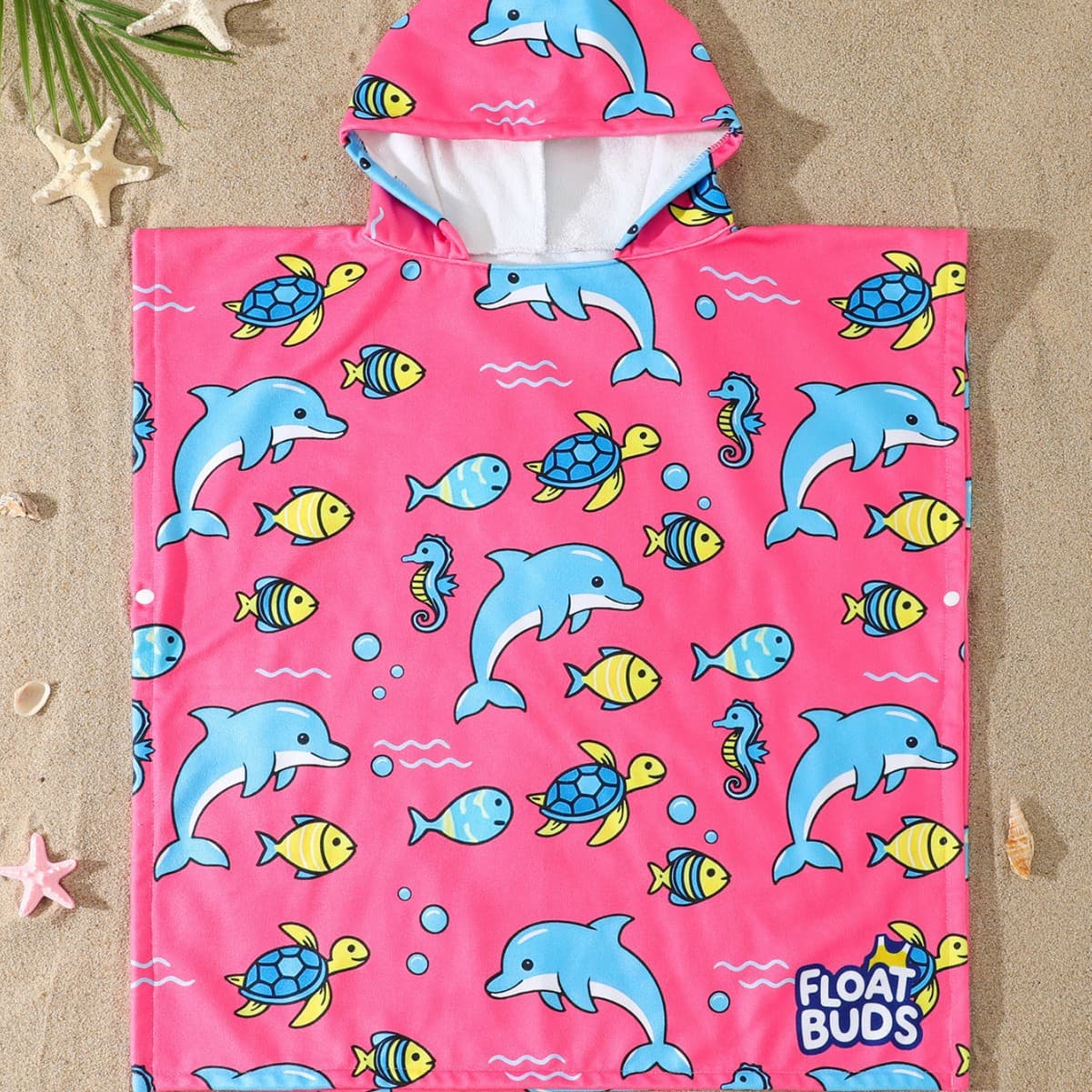 Pink Dolphin Ocean Print Children's Hooded Cape Towel Microfiber Quick-Dry Baby Beach Swimming Bath Towel