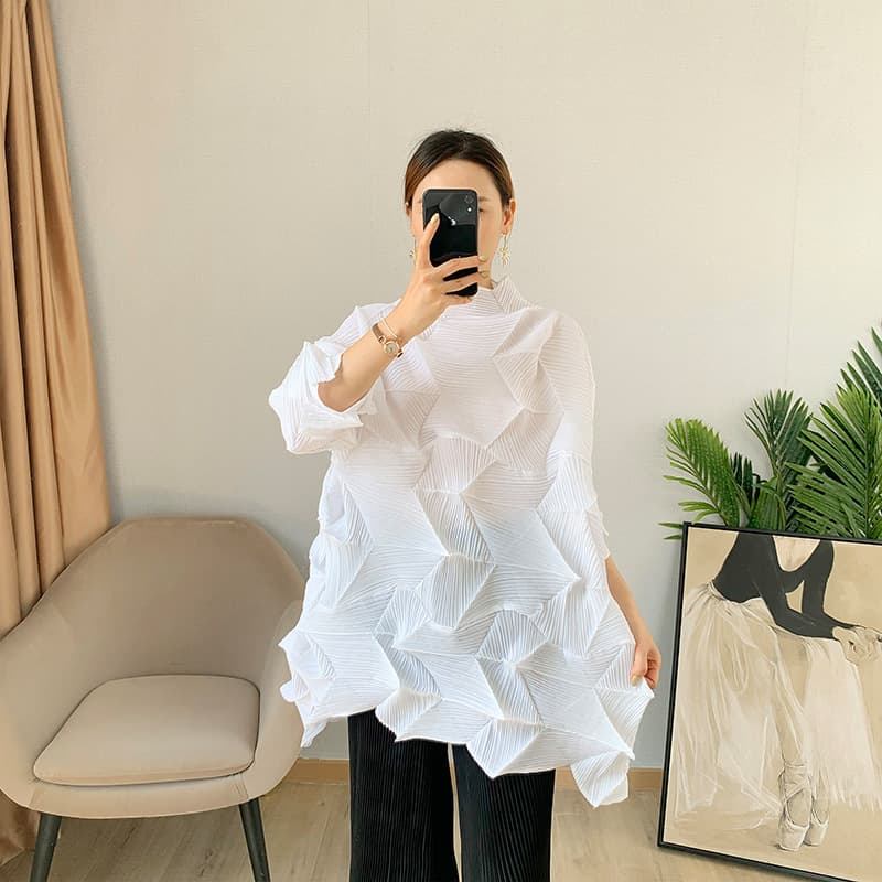 Lily Pleated Diamond Ruffle Top 2021 Summer New White Irregular Pleated Loose T-Shirt Oversized Plus Size Mid-Length