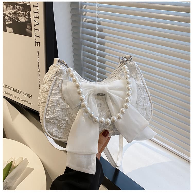 2026 New Sweet Cute Fashion Handbag Women's Shoulder Pearl Underarm Influencer Bag Bow Crossbody Bag