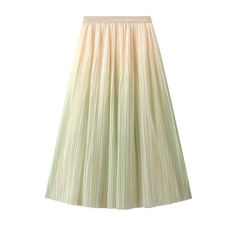 Elegant Gradient Pleated Midi Skirt 2025 New Light Luxury Urban Style High-Waist A-Line Long Skirt