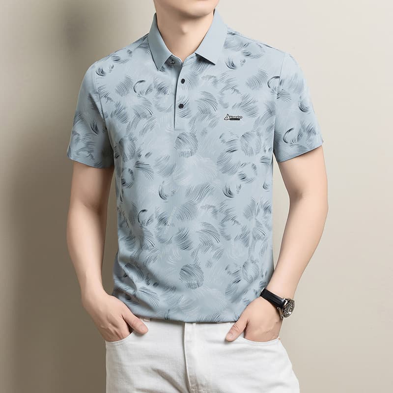 New Summer Seamless Short-Sleeve Polo Shirt for Men, Business Turn-Down Collar with Print, High-End Fashionable and Versatile T-Shirt
