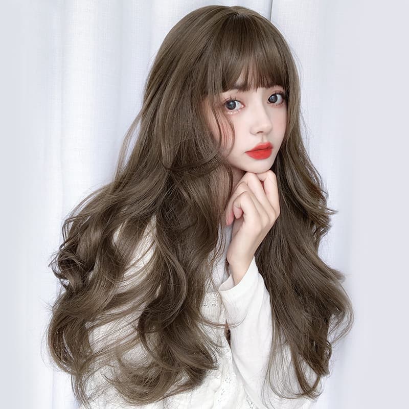 Long Wavy Wig for Women, Natural Cap Style, Big Curls, Air Bangs, Realistic Hair Strands