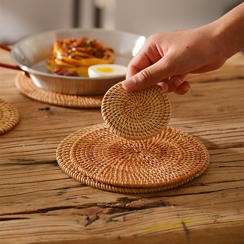 Handmade Autumn Vine Vietnamese Woven Coaster Sets, Heat-Resistant Pot and Cup Mats, Wooden Storage Tea Set Accessories
