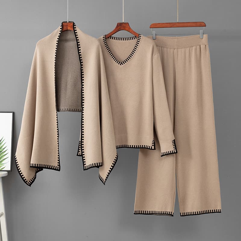 Cross-Border European and American Knitted Fashion Set Wholesale Jacquard Shawl + V-Neck Sweater + Casual Wide-Leg Pants Three-Piece Set for Women