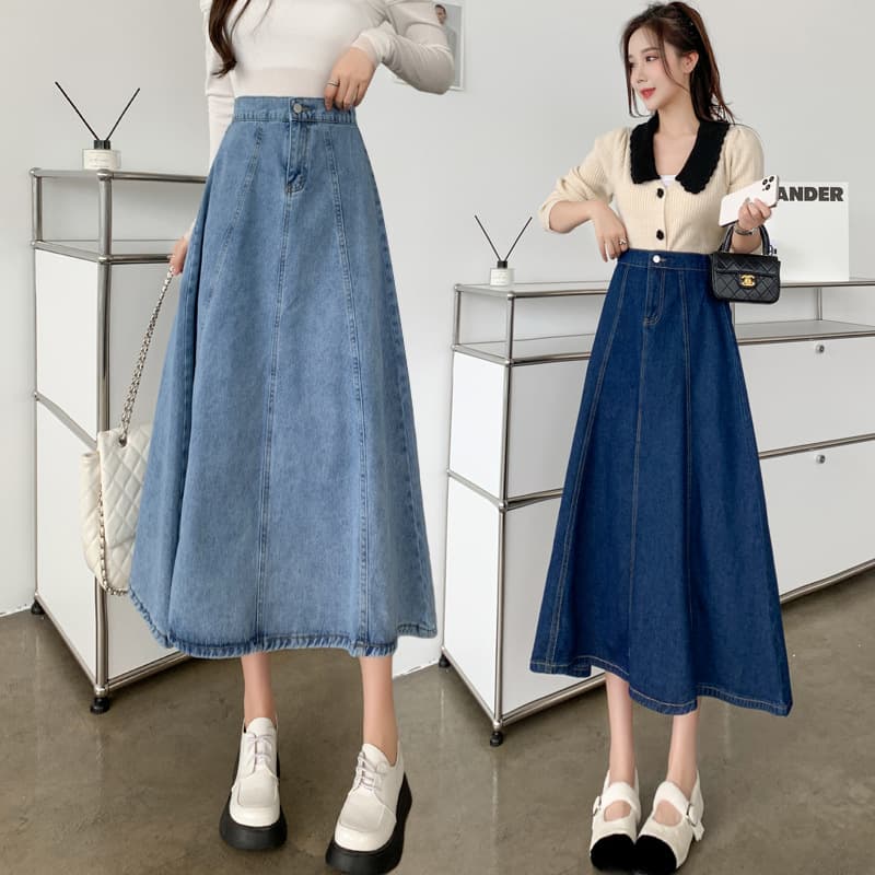 Real shot 2023 spring/summer new A-line pleated high-waist skirt for women, long fitted flared denim skirt
