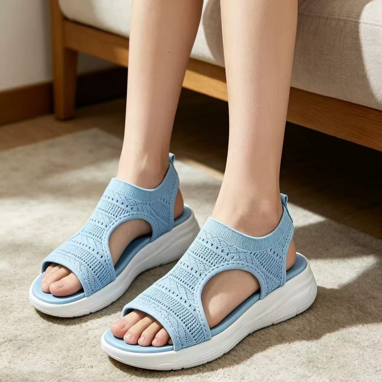 2026 New Flyknit Breathable Wedge Sandals for Women Summer Hollow Thick Sole Roman Shoes Cross-border Large Size Comfortable Women's Shoes