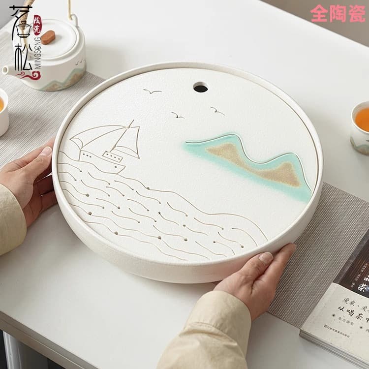 Japanese-style Round Tea Tray, Large Dry Tea Tray, Tea Table Household Ceramic Water Storage Tray, Hotel Tea Set Supplies, Household Tea Sea
