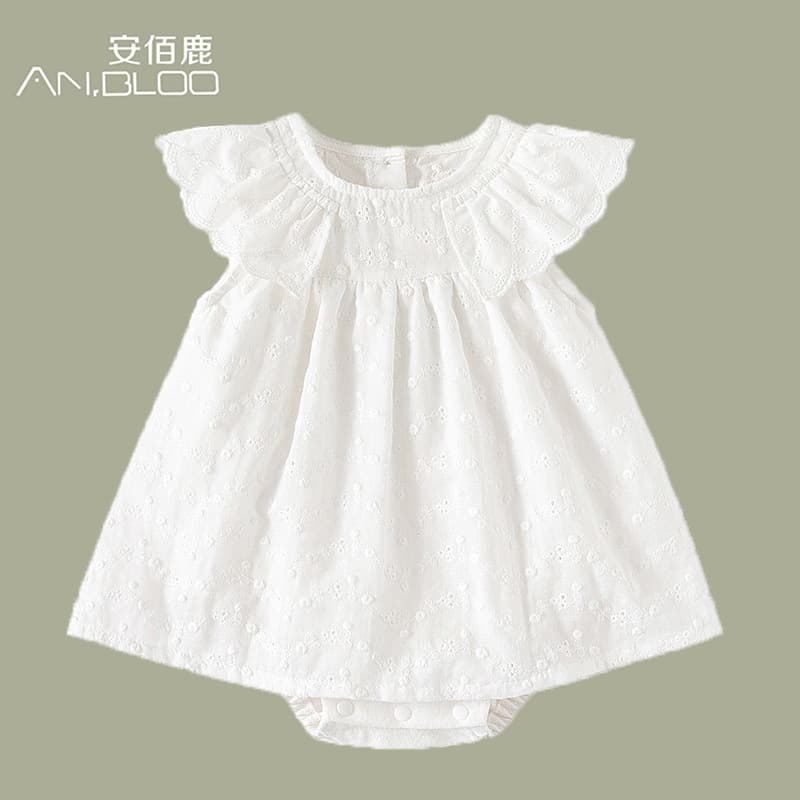 Anbai Deer Summer Embroidered Floret Pure Cotton White Princess Dress Small Flying Sleeve Bag Fat Skirt Cute Princess Dress