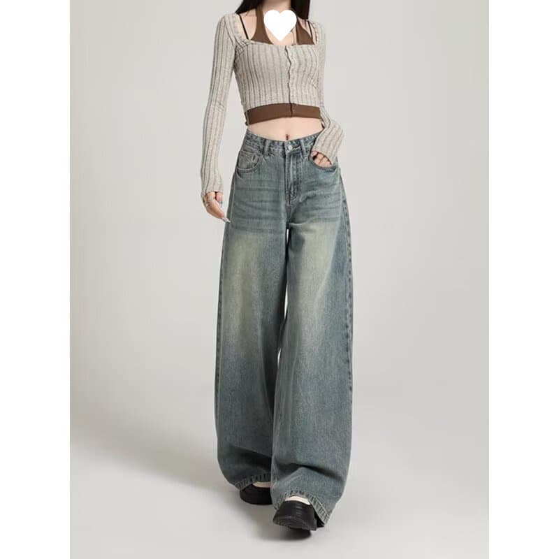 American Retro Wide-Leg Jeans for Women New Year Style Loose Fit Slimming Distressed Flowy Versatile Washed Straight-Leg Pants