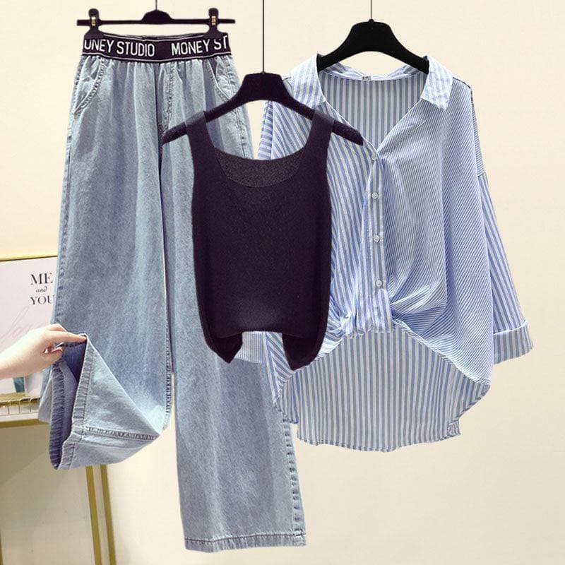 Plus Size Women's 200 Jin Fat Sister Spring Suit Women's Striped Shirt Small Suspenders Wide Leg Jeans Three Piece Set