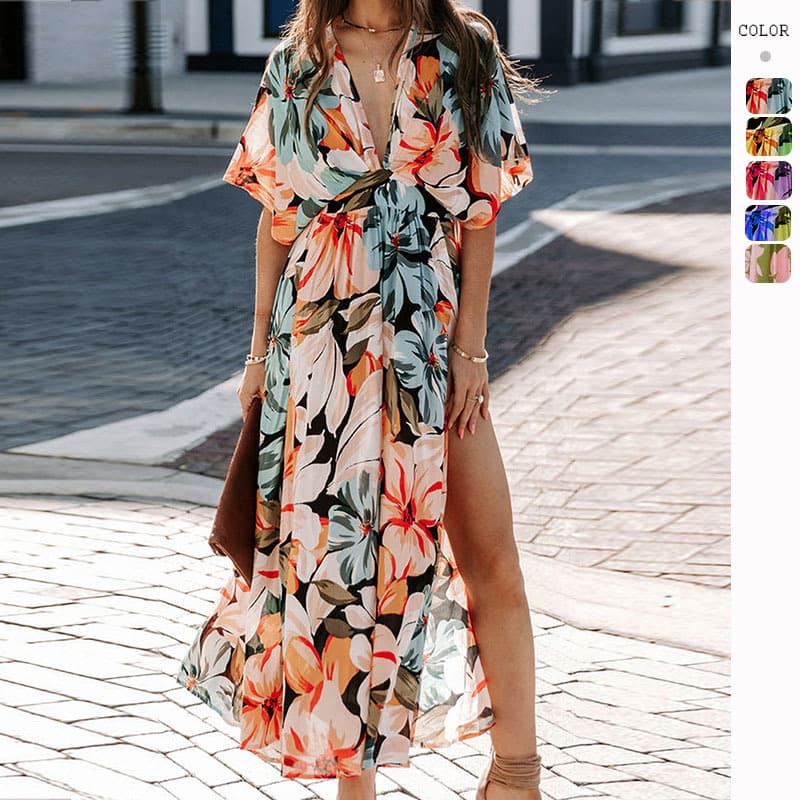 2026 Amazon Cross-Border Summer European and American Clothing New Sexy High Waist Fashion Printed Slit Dress for Women