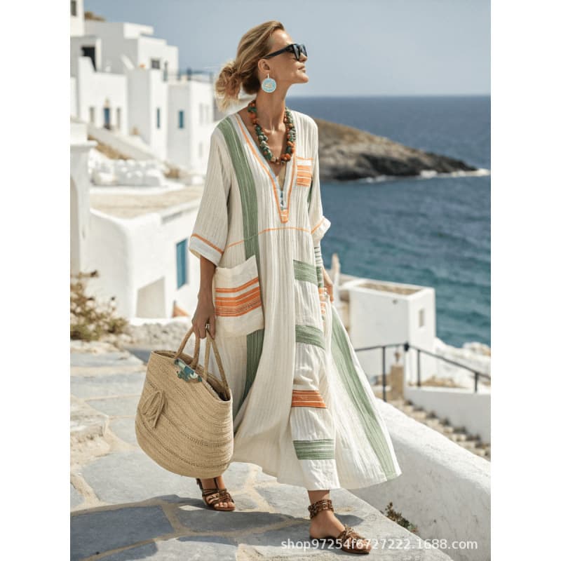 Cross-border new holiday style V-neck loose long skirt for women summer ethnic style embroidered kaftan dress