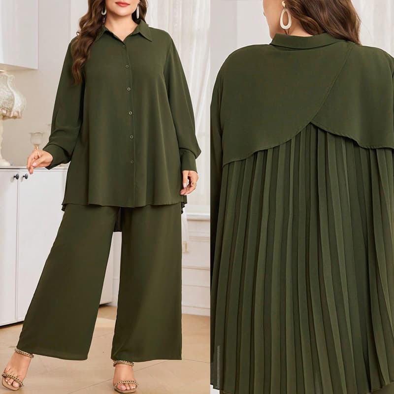 Plus Size Office Style Suit: Loose Blouse & High-Waist Wide-Leg Pants, Slimming & Tummy-Hiding Two-Piece Set for Women