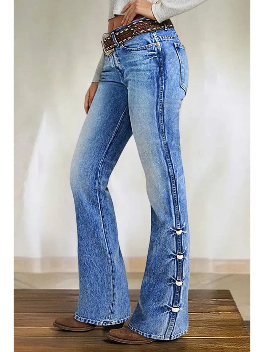 Retro High-Waist Flared Jeans with Side Button Decoration, Stretchy Slimming Bootcut Pants, Casual Denim