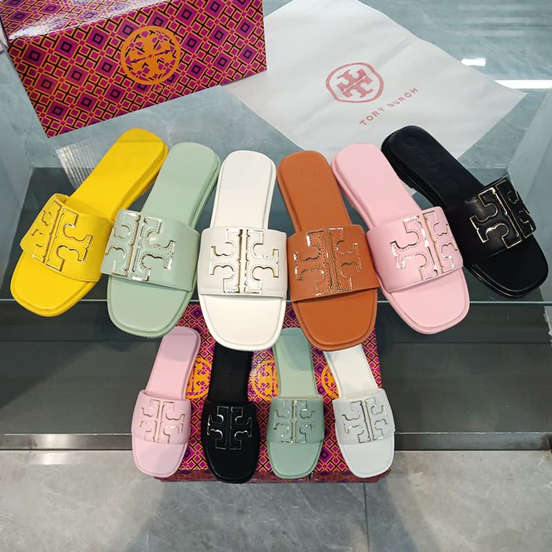 TB Flat Slippers Women 2025 New Leather Slide Sandals European and American Simple Fashion Beach Sandals Slippers
