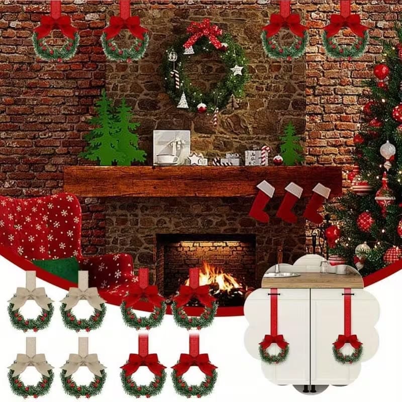 Cross-border New Mini Wreath with Ribbon, Berries, and Bow for Cabinet, Small Christmas Wreath Ornament