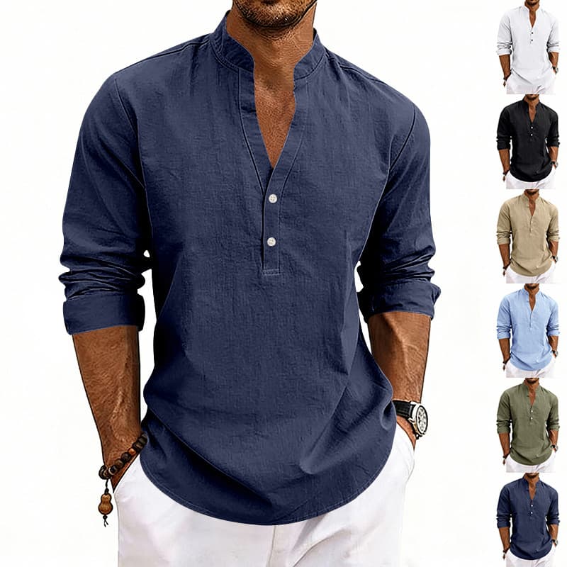 2026 cross-border independent station American autumn linen new products hot-selling men's loose casual breathable V-neck Henry