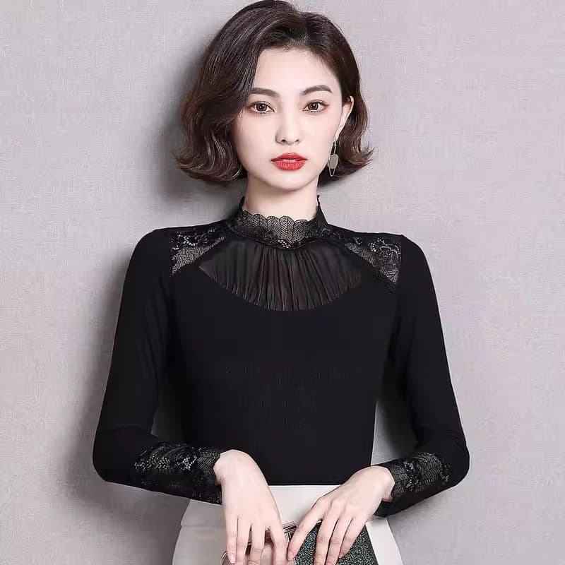 2025 Autumn/Winter New Lace Collar Base Top Women Long Sleeve Stylish Inner Layer Half Turtleneck Ribbed Cotton Top