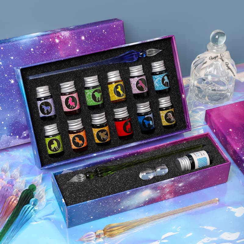 Free Starry Sky Glass Pen Set Signature Pen Crystal Dip Pen for Students Glass Ink Dip Pen Stationery Gift Pen