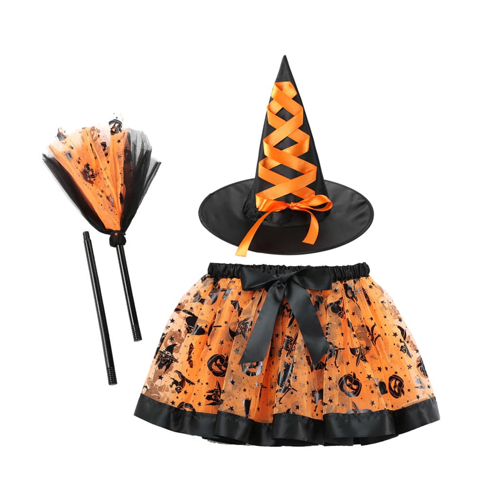 Halloween broom hat set three-piece, witch hat, holiday party medium and small child tutu skirt, ghost festival puff dress.
