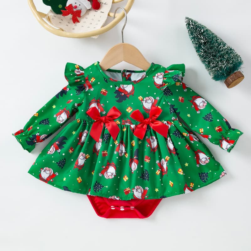 Children's Christmas Baby Clothing Long Sleeve Romper Dress Stylish Ruffle Bow Princess Dress