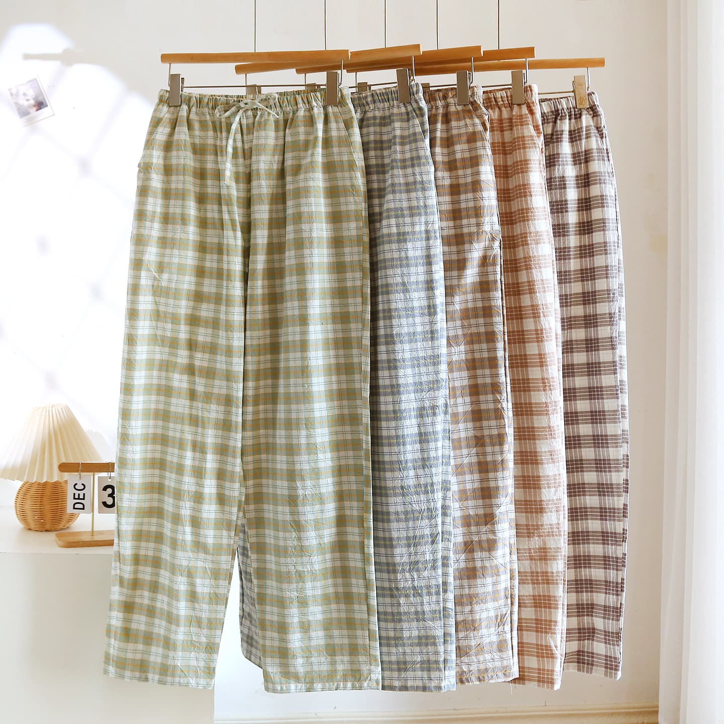 Can Be Worn Outside, Suitable for All Seasons, Spring and Summer Men's Single-Layer Washed Cotton Thin Pajama Pants, Simple and Comfortable Plaid Home Long Pants