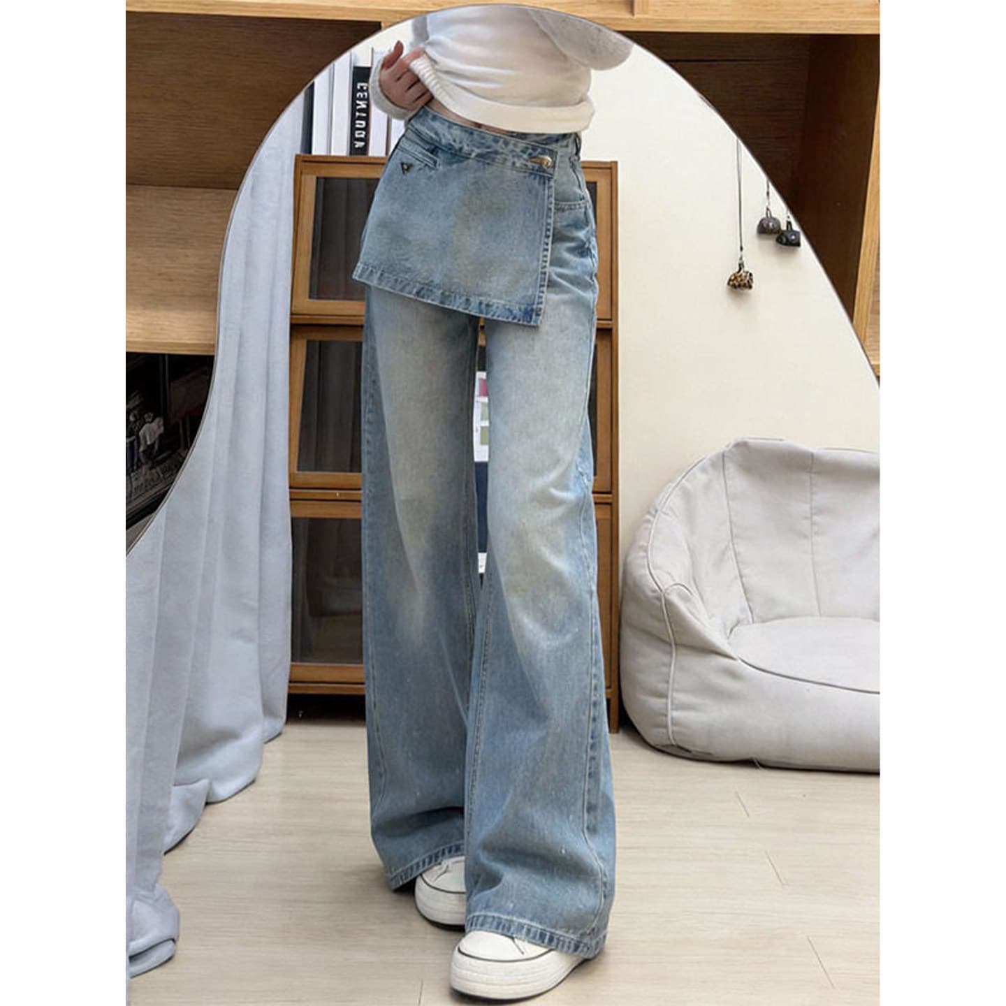 Washed Distressed Pants with Detachable Flap, Faux Two-Layer Casual Blue Denim Wide-Leg Trousers for Women, 2026 High-Waist Straight-Leg Long Pants