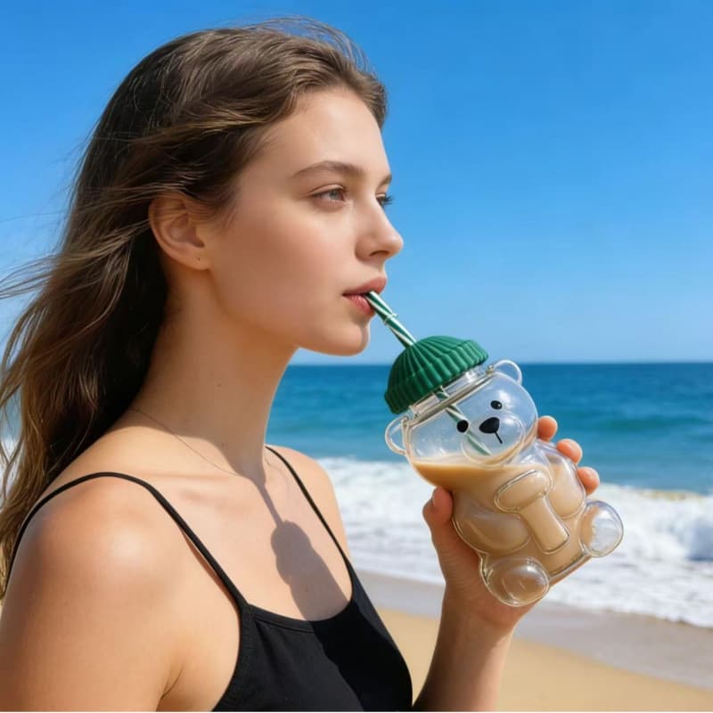 Bear Glass Cup 590ml Creative Cartoon Water Cup with Straw, Wholesale High Borosilicate Glass with Lid