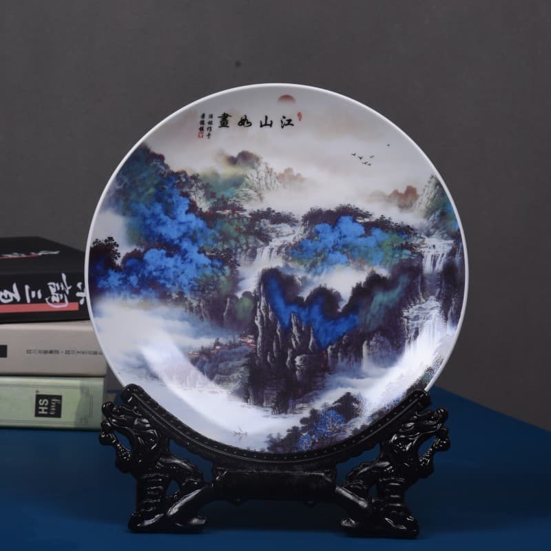 Ceramic decorative gift commemorative plate, can be made with logo, landscape painting round plate, office counter ceramic craft ornament.