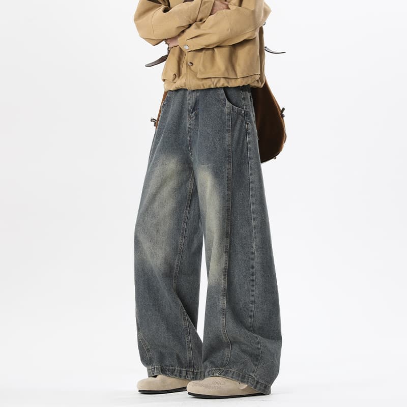 Vintage Curved Blade Jeans for Men Summer American Straight Loose Fit Pants Cool Streetwear Curved Blade Wide Leg Casual Long Trousers